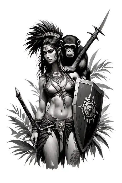 black and grey amazonian warrior woman with dark brown monkey on shoulder holding with sharp sword and shield in jungle tattoo design idea