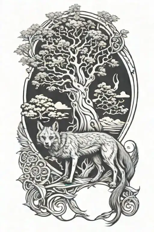 renaissance engraving of coyote and the tree of life tattoo design idea