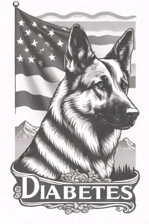 portrait of German shepherd wearing bracelet saying "diabetes" mountain scene American flag tattoo design idea