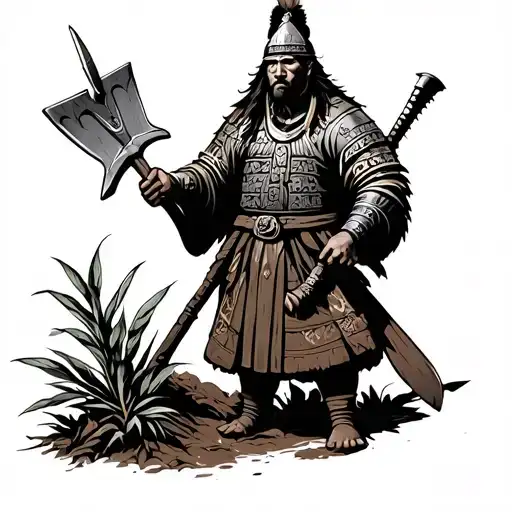 Create an image of a Mongolian Genghis Khan's warrior, who is holding a shovel to plant trees.  tattoo design idea