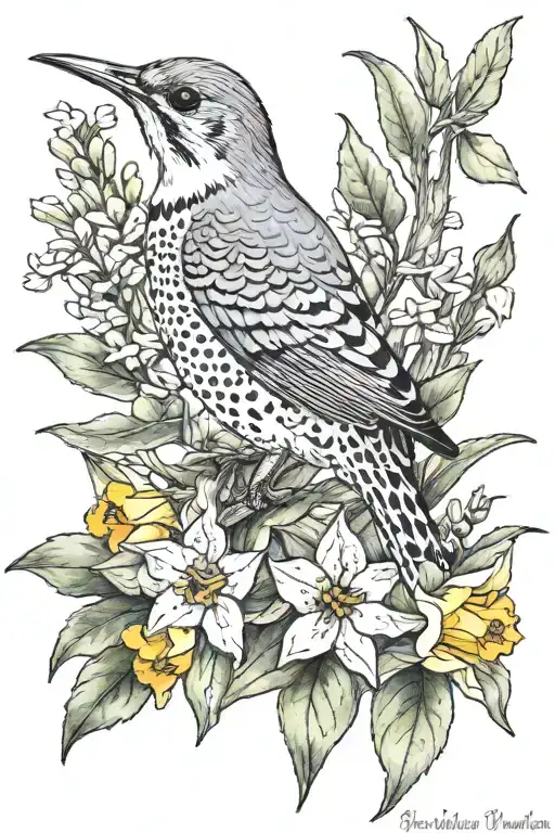  a memorial tattoo of a northern flicker and December birth flowers Narcissus and holly tattoo design idea