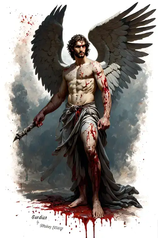 Guardian angel, male, in battle, scars on body, blood and wounds, spread wings tattoo design idea