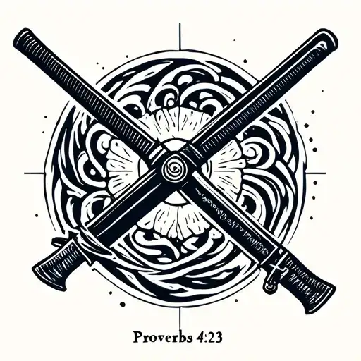 Minimalistic tattoo inspired by Proverbs 4:23, featuring a katana for example with light, flowing patterns tattoo design idea