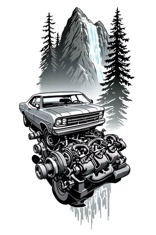 car engine with two carburetors on mountain road background with waterfall tattoo design idea