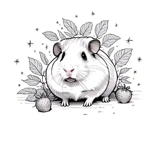 A guinea pig surrounded by strawberry plants with small star details. tattoo design idea
