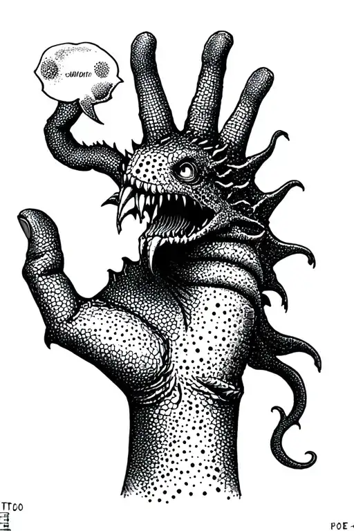 sea monster on hand talking with thumb and pointer finger tattoo design idea