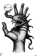 sea monster on hand talking with thumb and pointer finger tattoo design idea