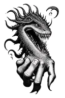 sea monster on hand talking with thumb and pointer finger tattoo design idea