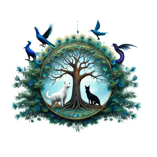 ourborus with a tree of life inside it with a white wolf, peacock, fox, black cat, starling, and dragon around the tree tattoo design idea