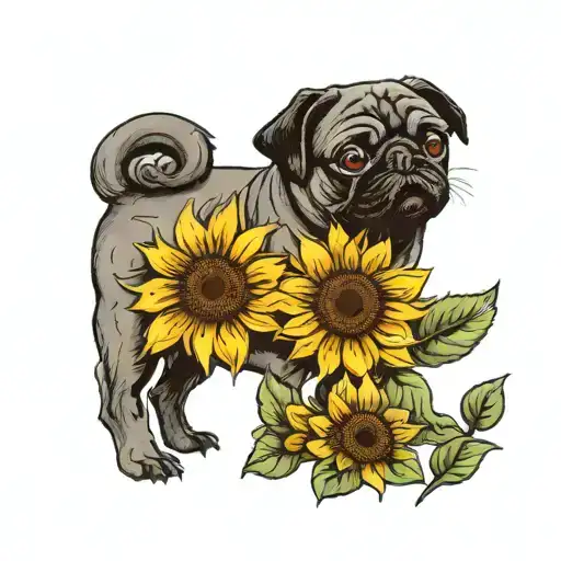 Black pug with sunflower blooming tattoo design idea