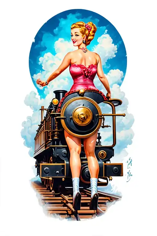 Pin up girl riding a steam engine  tattoo design idea