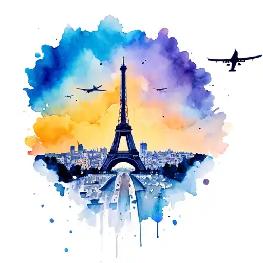 Eiffel Tower, Sagrada Familia, Airplane flying towards tattoo design idea
