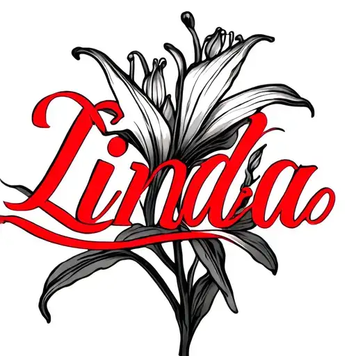 the word "Linda" in cursive and a lily in red tattoo design idea
