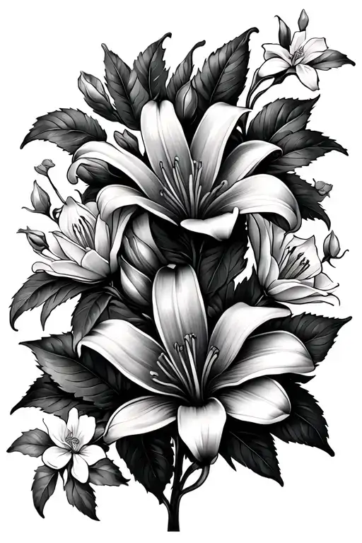 a tattoo consisting of lily flowers, magnolia flowers, small rose flowers and crape myrtle blooms tattoo design idea