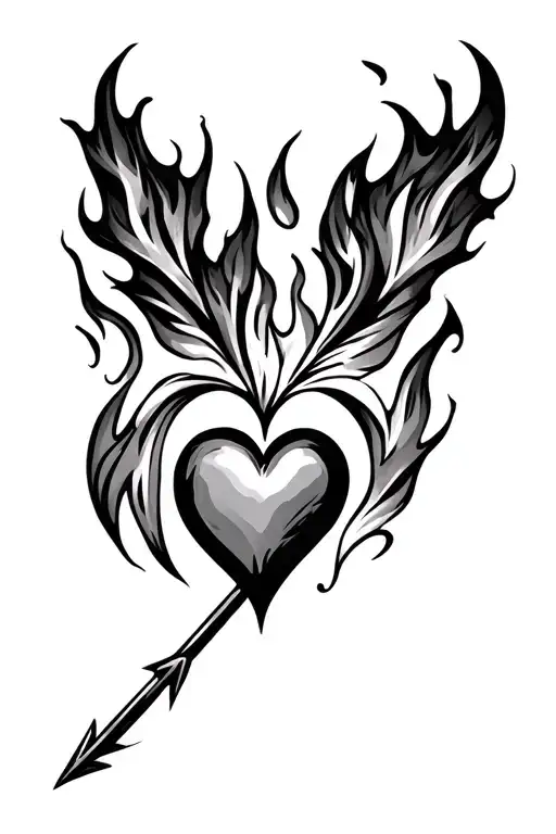 arrow with heart and flame burns tattoo design idea