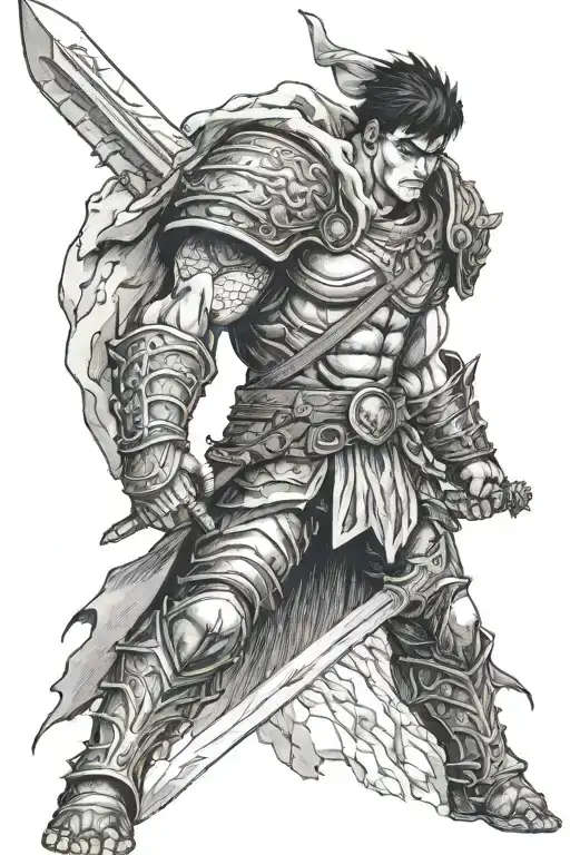 Guts from Berserk stands on a mountain of skulls, holding his sword over his shoulder, looking down. tattoo design idea