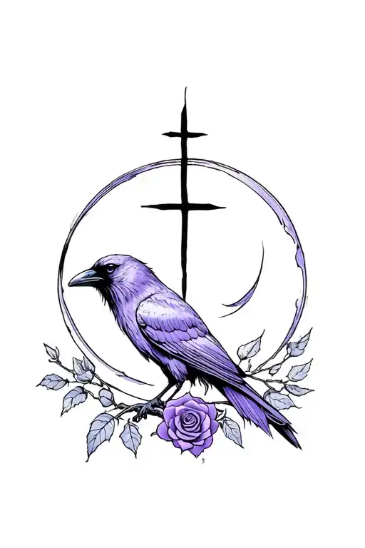 Raven with purple rose in front of a black crescent moon going around it with the black cross going down the middle. tattoo design idea