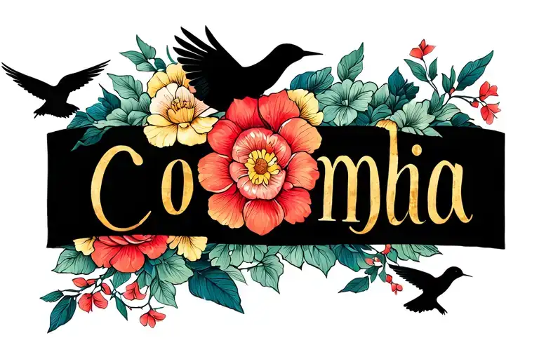 name Colombia with flowers and birds flying tattoo design idea