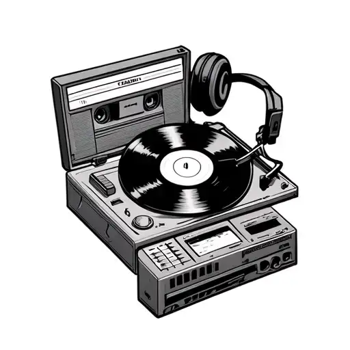 a record player, a casette, and headphones. all next to each other "Old School" music lover tattoo design idea
