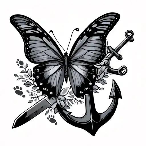 butterfly + butcher knife + dog footprint + sea anchor + coffin + door. tattoo design idea