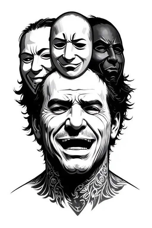 A man with blurred face jungling with three different masks, one is happy, another one is sad and the third one is angry tattoo design idea