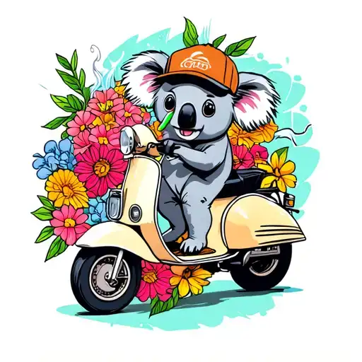 cute koala wearing cap and smoking a joint on a scooter  surrounded by flowers tattoo design idea