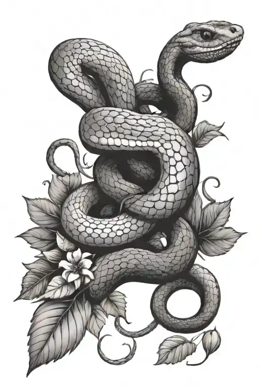 Snake with flowers and leaves intertwined tattoo design idea