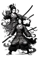 samurai warrior battling demons with geisha holding a katana tattoo design idea