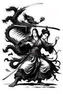 samurai warrior battling demons with geisha holding a katana tattoo design idea