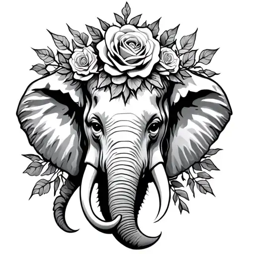 names with top of elephant head with rose crown surrounded tattoo design idea