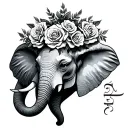 names with top of elephant head with rose crown surrounded tattoo design idea