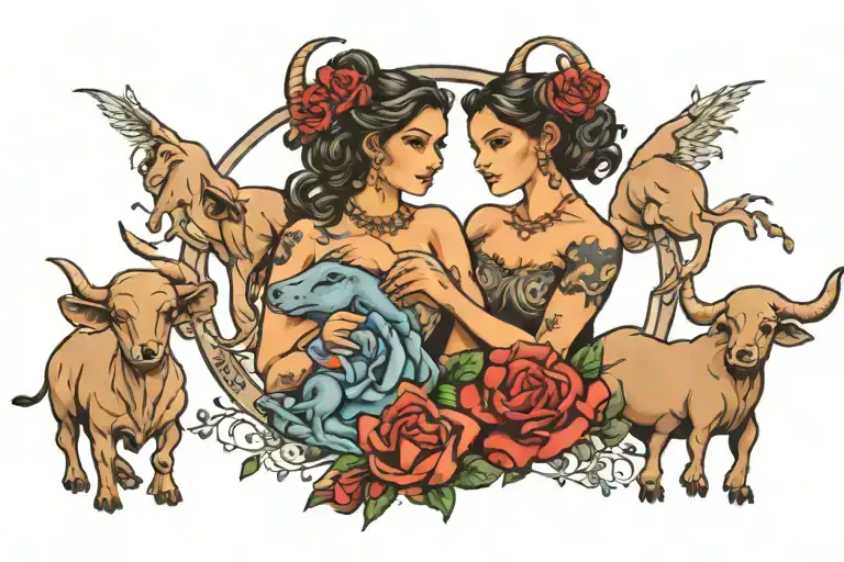 Taurus mom holding 2 Capricorn, 3 cancer zodiac children signs tattoo design idea