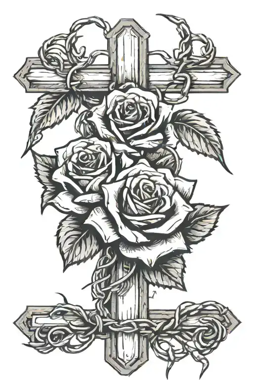 barbwire cross and rose wrapped tattoo design idea