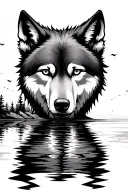 wolf face staring into water reflection  tattoo design idea