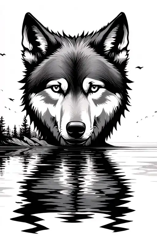 wolf face staring into water reflection  tattoo design idea