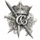 two intertwined letters G surmounted by a crown and intersected by a sword tattoo design idea