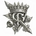 two intertwined letters G surmounted by a crown and intersected by a sword tattoo design idea