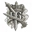 two intertwined letters G surmounted by a crown and intersected by a sword tattoo design idea