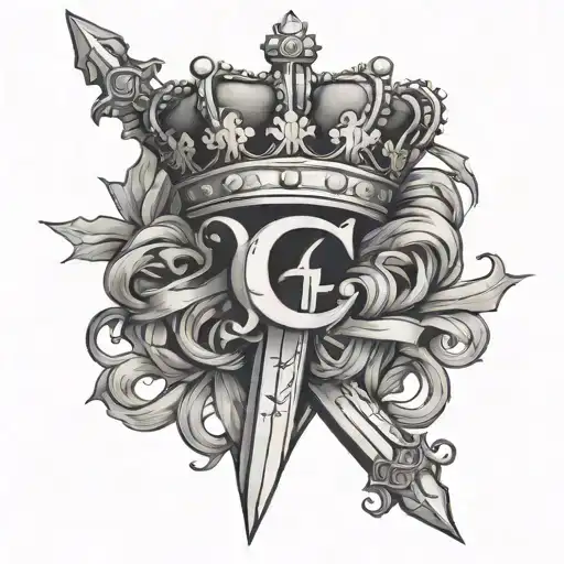 two intertwined letters G surmounted by a crown and intersected by a sword tattoo design idea
