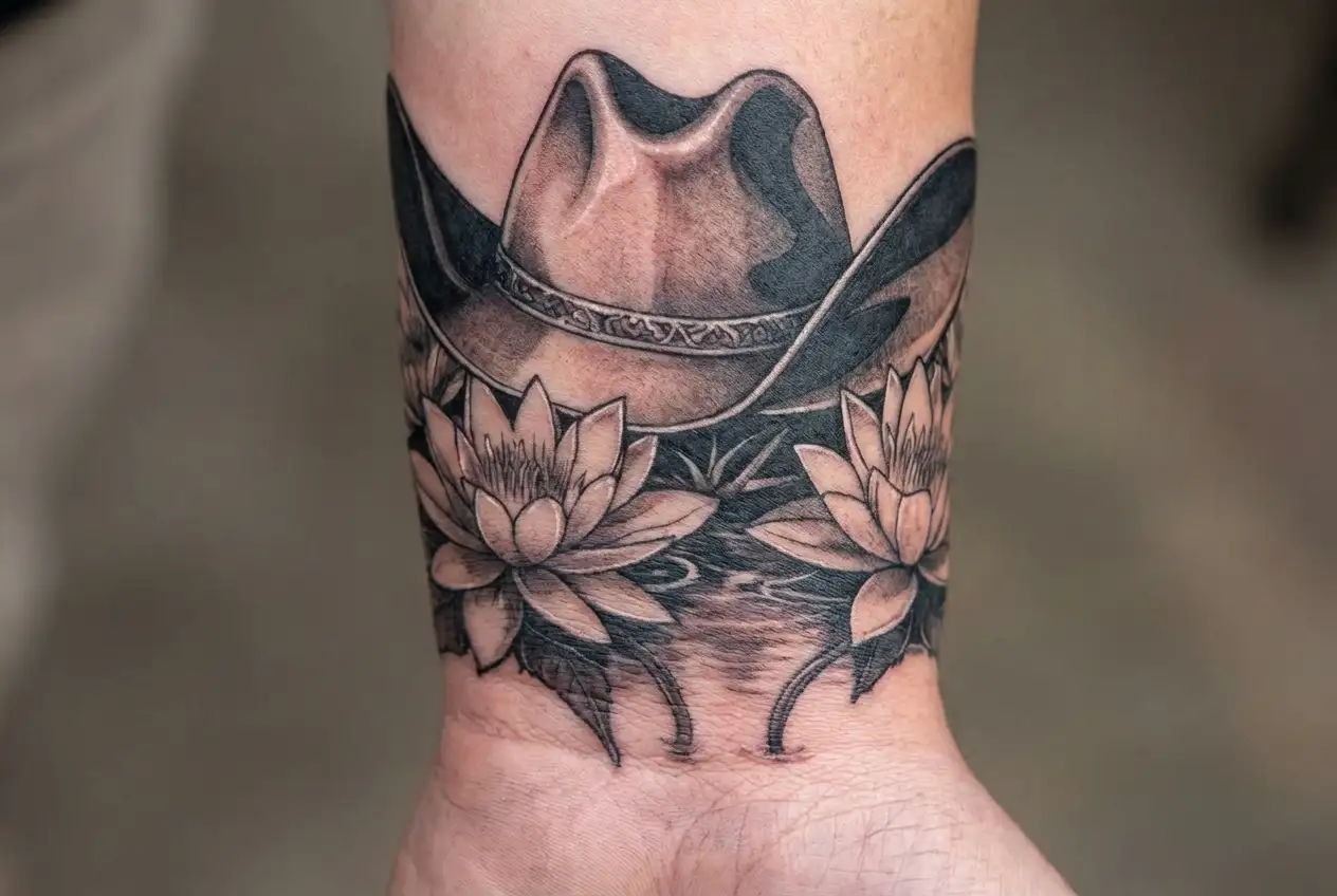 under the cowboy hat add water lillies wrapping itself tattoo design idea