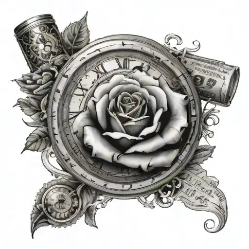 I want full sleeve, and that includes a rose of money a clock cards, and dice tattoo design idea