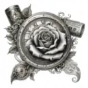 I want full sleeve, and that includes a rose of money a clock cards, and dice tattoo design idea