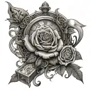 I want full sleeve, and that includes a rose of money a clock cards, and dice tattoo design idea