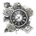 I want full sleeve, and that includes a rose of money a clock cards, and dice tattoo design idea