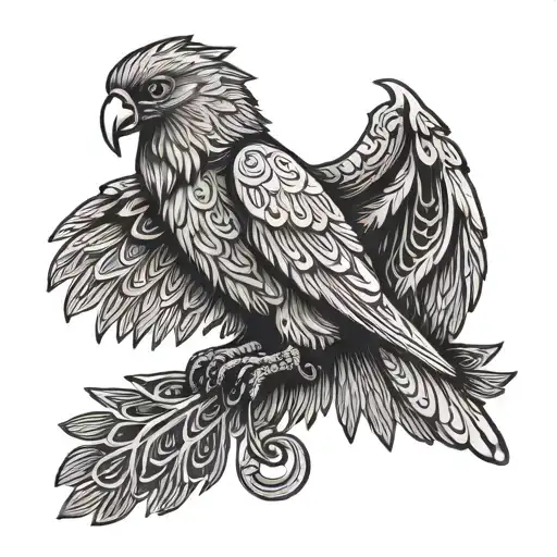 bird known as Brazilian harpy with outlines and filling made of African adinkras tattoo design idea