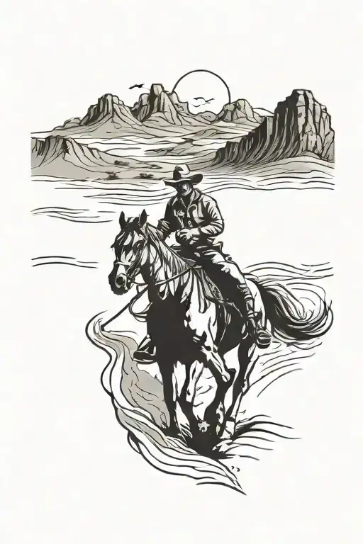 A cowboy riding a horse through a desert landscape tattoo design idea