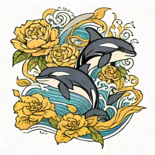 killer whales in waves and peonies tattoo design idea