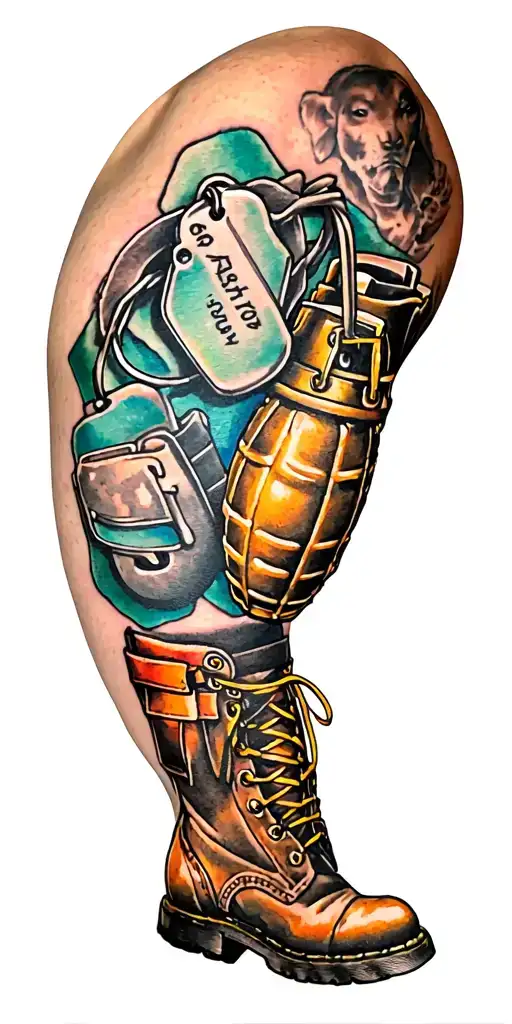 A sleeve tattoo featuring iconic military symbols like dog tags, grenades, and boots tattoo design idea