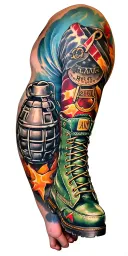 A sleeve tattoo featuring iconic military symbols like dog tags, grenades, and boots tattoo design idea