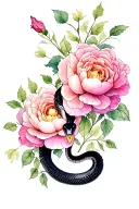 A black snake, surrounded by peonies or roses in color in watercolor tattoo design idea